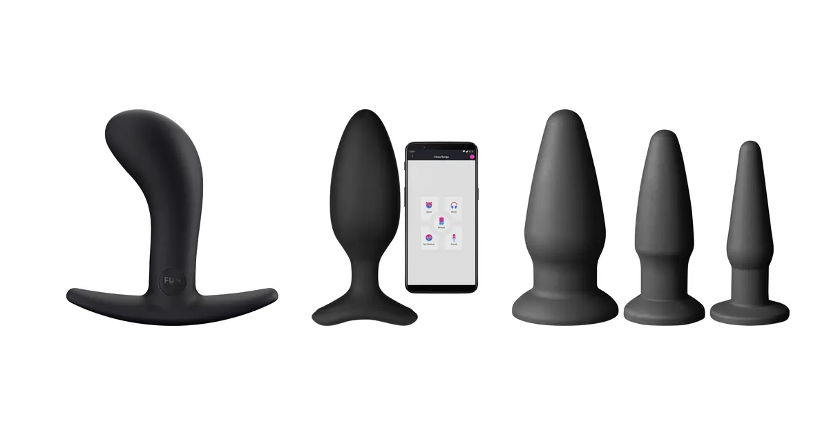 Sammenligning af analplugs: Fun Factory Bootie Medium, Lovense Hush 2 (medium) og Sinful analtræningssæt i silikone som produktfotos
