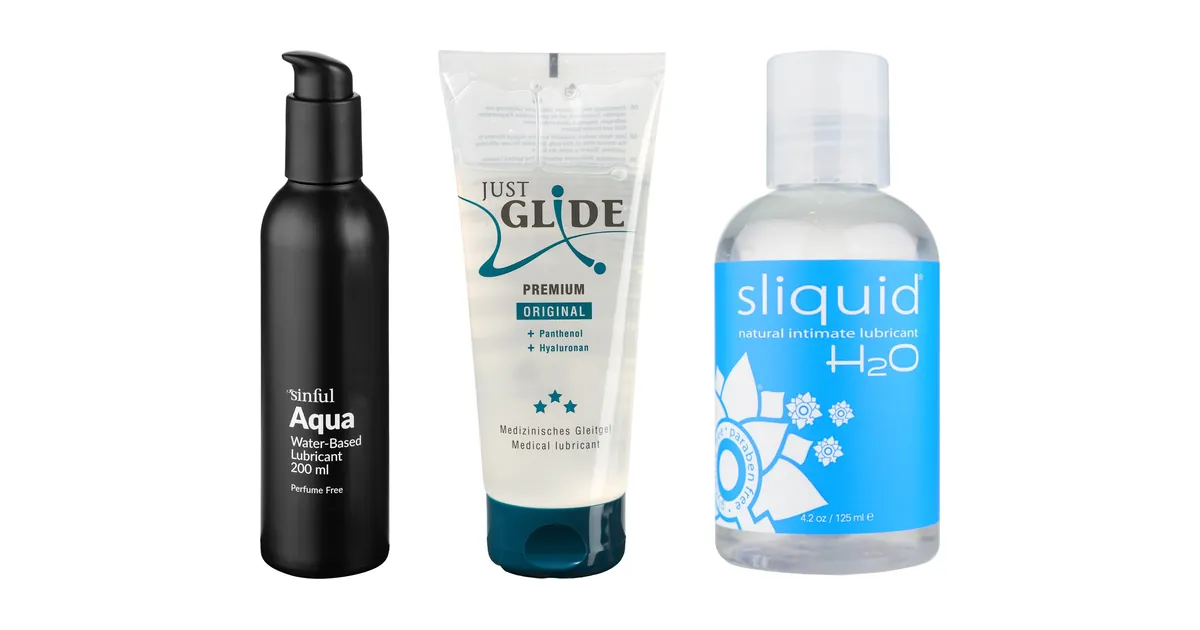 Sammenligning af glidecreme: Sinful Aqua vandbaseret glidecreme 200 ml, Just Glide Premium Original glidecreme (hyaluronsyre/panthenol) 200 ml og Sliquid H2O Water-based glidecreme 125 ml som produktfotos