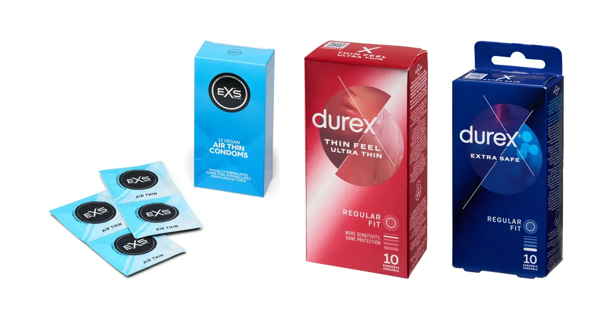 Sammenligning af kondomer: EXS Air Thin kondomer 12 stk, Durex Feel Ultra Thin kondomer 10 stk og Durex Extra Safe kondomer 10 stk som produktfotos