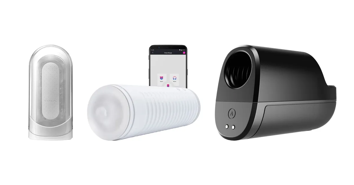 Sammenligning af masturbatorer: TENGA Flip Zero, Lovense Max 2 og Arcwave Ion 2 som produktfotos
