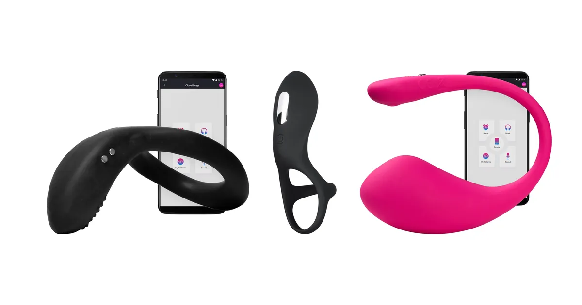 Sammenligning af parvibratorer: Lovense Diamo vibrerende penisring, Sinful Rechargeable Double Ring til par og Lovense Lush 3 som produktfotos