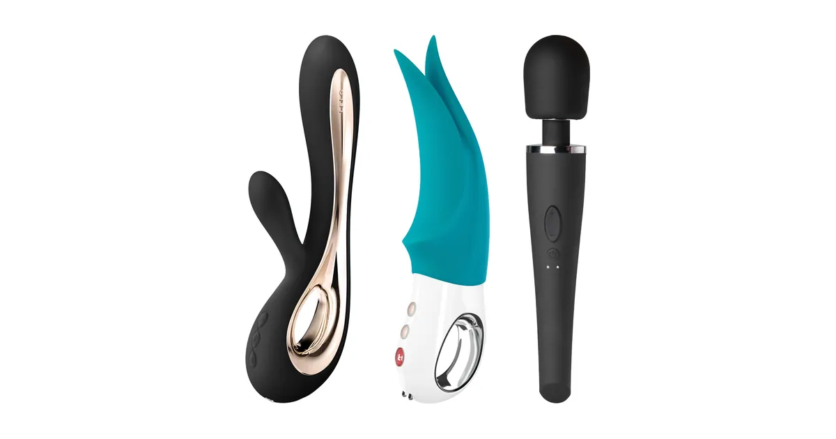 Sammenligning af vibratorer: LELO Soraya 2, Fun Factory Volta og Sinful Luxy wand-vibrator som produktfotos