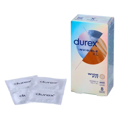 Kondomer test: Durex Invisible XL Wide Fit kondomer 8 stk på hvid baggrund