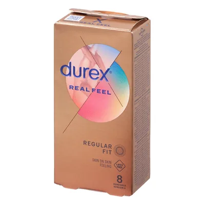 Kondomer test: Durex Real Feel latexfri kondomer 8 stk på hvid baggrund