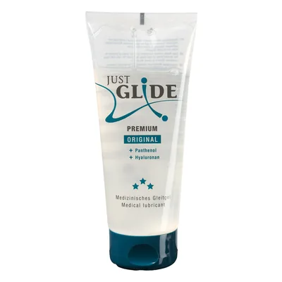 Glidecreme sammenligning: Just Glide Premium Original glidecreme (hyaluronsyre/panthenol) 200 ml på hvid baggrund